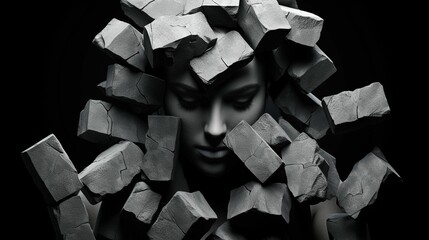 AI generated illustration of a woman's face appearing through a pile of bricks - obrazy, fototapety, plakaty
