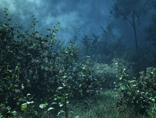 A forest with a lot of trees and bushes. The sky is dark and cloudy. Scene is mysterious and eerie