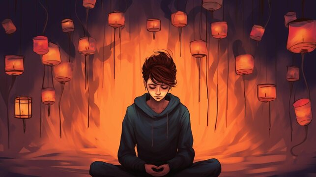 AI generated illustration of a thoughtful woman sits illuminated by a selection of glowing lanterns