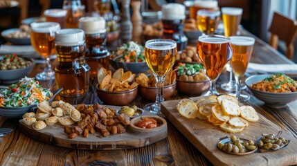 Naklejka premium Table with beer and snacks for a large group. Lots of different food for meeting friends in a pub or beer bar