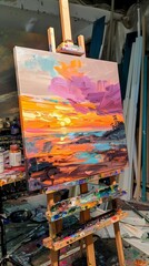 Canvas on easel, landscape painting in progress, vibrant sunset palette, no people, side view , golden hour lighting