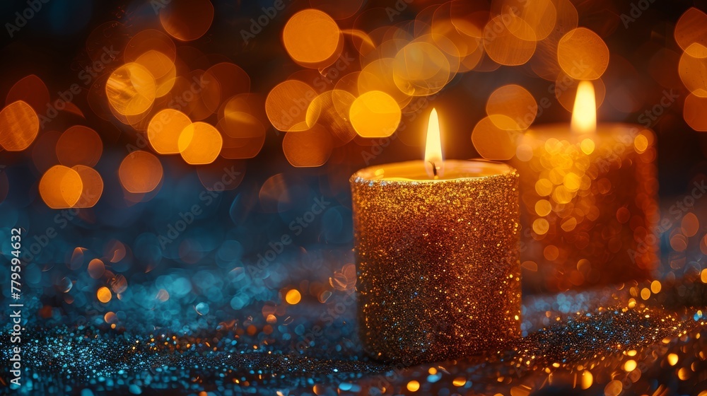 Poster Holiday background Happy New Year 2025. Numbers of year 2025 made by gold candles on bokeh festive sparkling background. Close-up.