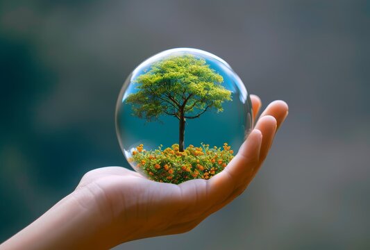 A Hand Holding a Glass Ball with an Image of a Small Tree in the Environment Category