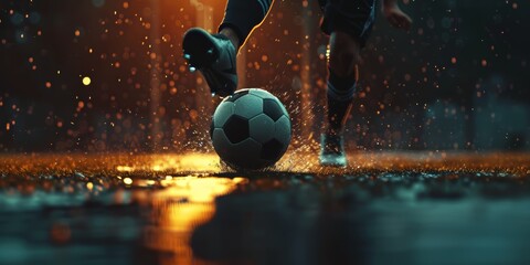 A person kicking a soccer ball on a sports field at night with raindrops falling - obrazy, fototapety, plakaty