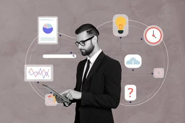 Foto op Plexiglas Creative photo collage standing young businessman suit browsing tablet multitasking plan strategy statistics web search bar © deagreez