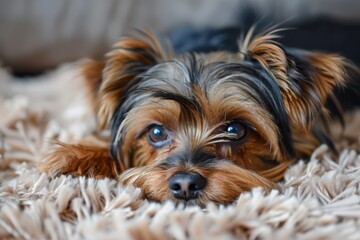 Naklejka na ściany i meble Cute Yorkshire Terrier on soft rug with expressive eyes a loyal companion