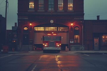 AI-generated illustration of a fire station with a fire engine parked outside on the sidewalk - obrazy, fototapety, plakaty