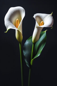Two white calla flowers on a black background, close-up