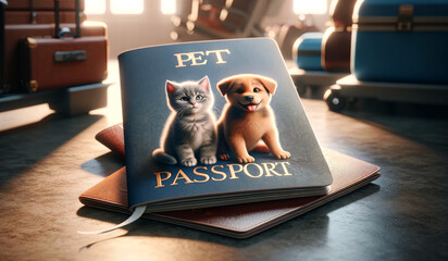 AI-generated illustration of a Person showing a pet passport with a cat and a dog on it - obrazy, fototapety, plakaty