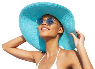 Smiling girl wearing a turquoise sun hat, blue sunglasses and bikini, African latin American woman isolated on white background. Concept of a seaside holiday or shopping for a summer beach holiday