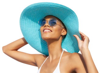 Smiling girl wearing a turquoise sun hat, blue sunglasses and bikini, African latin American woman isolated on white background. Concept of a seaside holiday or shopping for a summer beach holiday