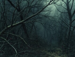 A dark forest with trees and branches. Scene is eerie and mysterious. The trees are bare and the sky is cloudy, giving the impression of a gloomy and ominous atmosphere