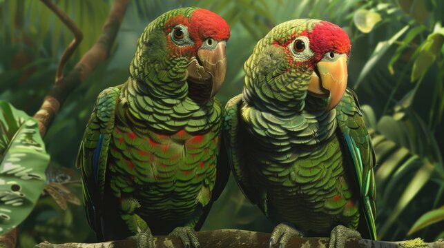 Two red-fronted macaws perching on a branch.