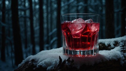 Glass of red cosmopolitan alcoholic drink in dark, winter forest