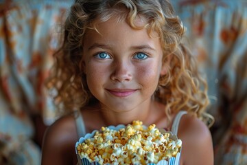 Joy of cinema through eyes of child, as they sit captivated by big screen, their attention momentarily diverted to tempting bucket of popcorn.