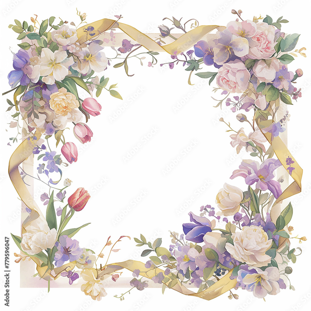 Poster a yellow ribbon surrounds a frame of flowers. the flowers are of various colors and sizes, and they 