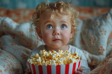 Joy of cinema through eyes of child, as they sit captivated by big screen, their attention momentarily diverted to tempting bucket of popcorn. - obrazy, fototapety, plakaty