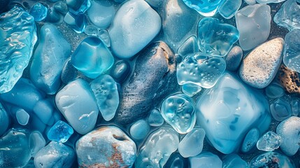 Top view close-up of vibrant blue sea glass and polished stones on the shore, illuminated by gentle summer light