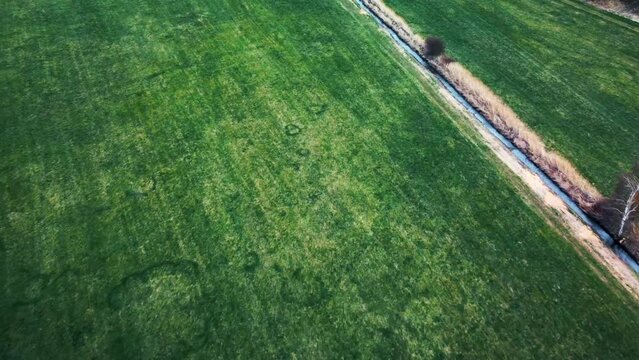 Aerial view of the mowed grass of a field