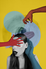 Collage artwork sketch of stressed depressed woman listening haters negative judgment isolated on...