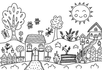 Coloring page summer sun, trees, rustic landscape black line design