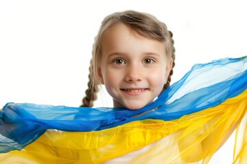 smiling ukrainian child with national yellow and blue flag in hand on white background