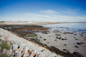 High-angle view of rocky Galway Ireland Salthill beach.