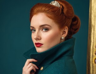 Red-haired girl in a retro look.