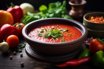 Tempting gazpacho on a rustic plate against a galvanized steel background