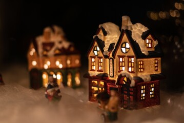 Closeup of the miniature house ornamental with lights