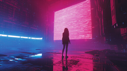 Silhouetted Woman against Cyberpunk Cityscape