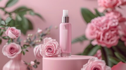 Essential oil bottle with dropper and roses on a pastel podium.