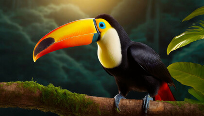 Fototapeta premium Close-up of a beautiful cute colorful toco toucan (Ramphastos Toco), tropical bird in Brazilian Amazon, standing on a tree branch in the tropical forest. Generative Ai.