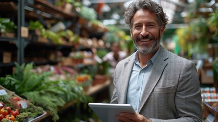 Smiling man with grey hair holding a tablet in a greenhouse.