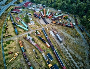 View of train cars from a drone. Prince George, Canada.