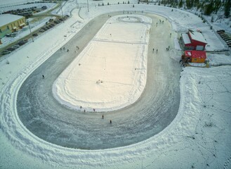 Aerial view of an outdoor ice rink. Cranbrook Hill, Prince George, Canada.