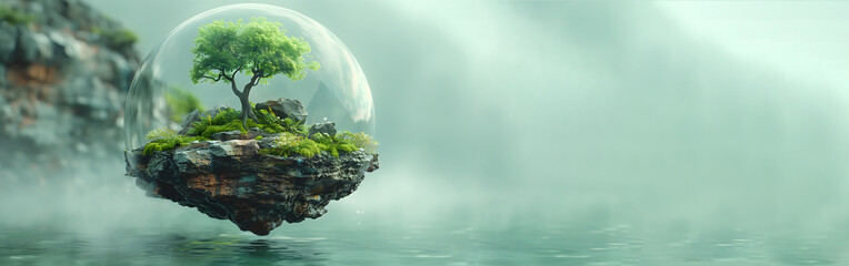 Floating island with a tree inside a protective bubble, environmental protection concept - obrazy, fototapety, plakaty