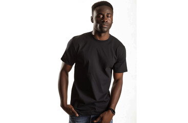 t-shirt mockup, black man wearing dark shirt on white background 