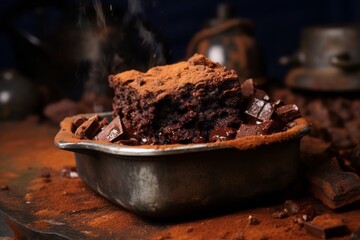 Tasty brownie in a clay dish against a galvanized steel background