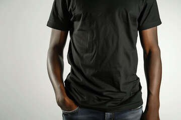 t-shirt mockup, closeup of a black man wearing dark shirt on gray background