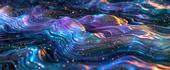 Neon ripples cascade through the cosmic sea, their mesmerizing patterns captivating all who gaze...
