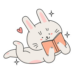 A bunny is reading a book lying on the floor. Children's leisure and hobbies. Love of reading. World Book Day. Cute vector illustration in cartoon style isolated on transparent background.