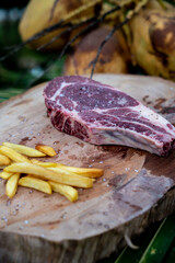 Vertical shot of a raw steak with salt and french fries on a wooden stump