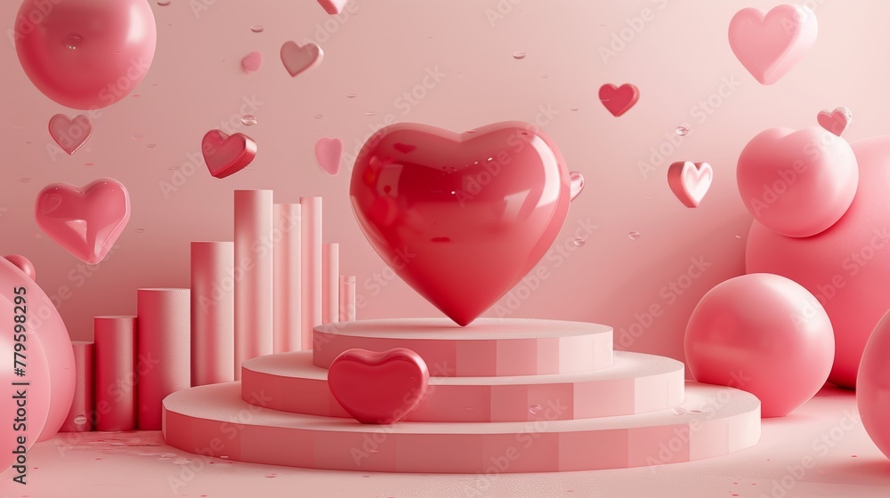 Leinwandbilder The background is a 3D rendering of an abstract product display with a heart and steps for Valentine's Day.