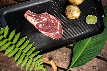 Beautiful shot of a raw steak meat next to the onions
