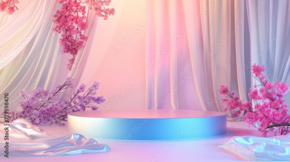 Aufkleber An abstract 3D composition used as a backdrop for a fashion beauty podium. A holographic color background adds an extra dimension to the composition.