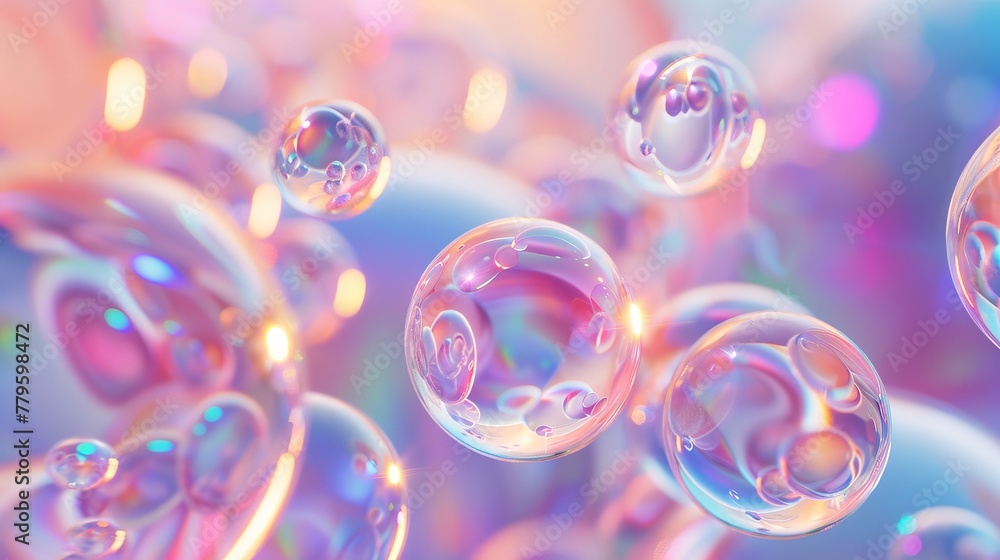 Poster abstract holographic blobs of liquid, soap bubbles, and metaballs rendered in 3d.