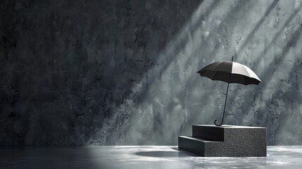An isolated umbrella is staged on a podium against a monsoon backdrop, ideal for product placement and seasonal promotions - obrazy, fototapety, plakaty