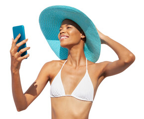 Smiling girl using mobile phone, wearing a turquoise sun hat and bikini, African latin American woman isolated on white background. Concept of a seaside holiday or shopping for a summer beach holiday
