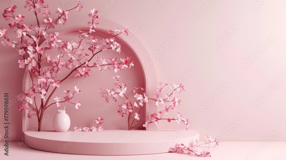 Poster this is a 3d rendering of a natural beauty backdrop for displaying cosmetic products. the background
